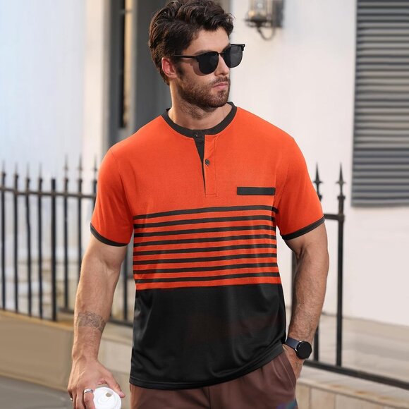 Men Orange And Black Striped Casual Polo Shirt Short Sleeve Slim Fit Top - Picture 1 of 6